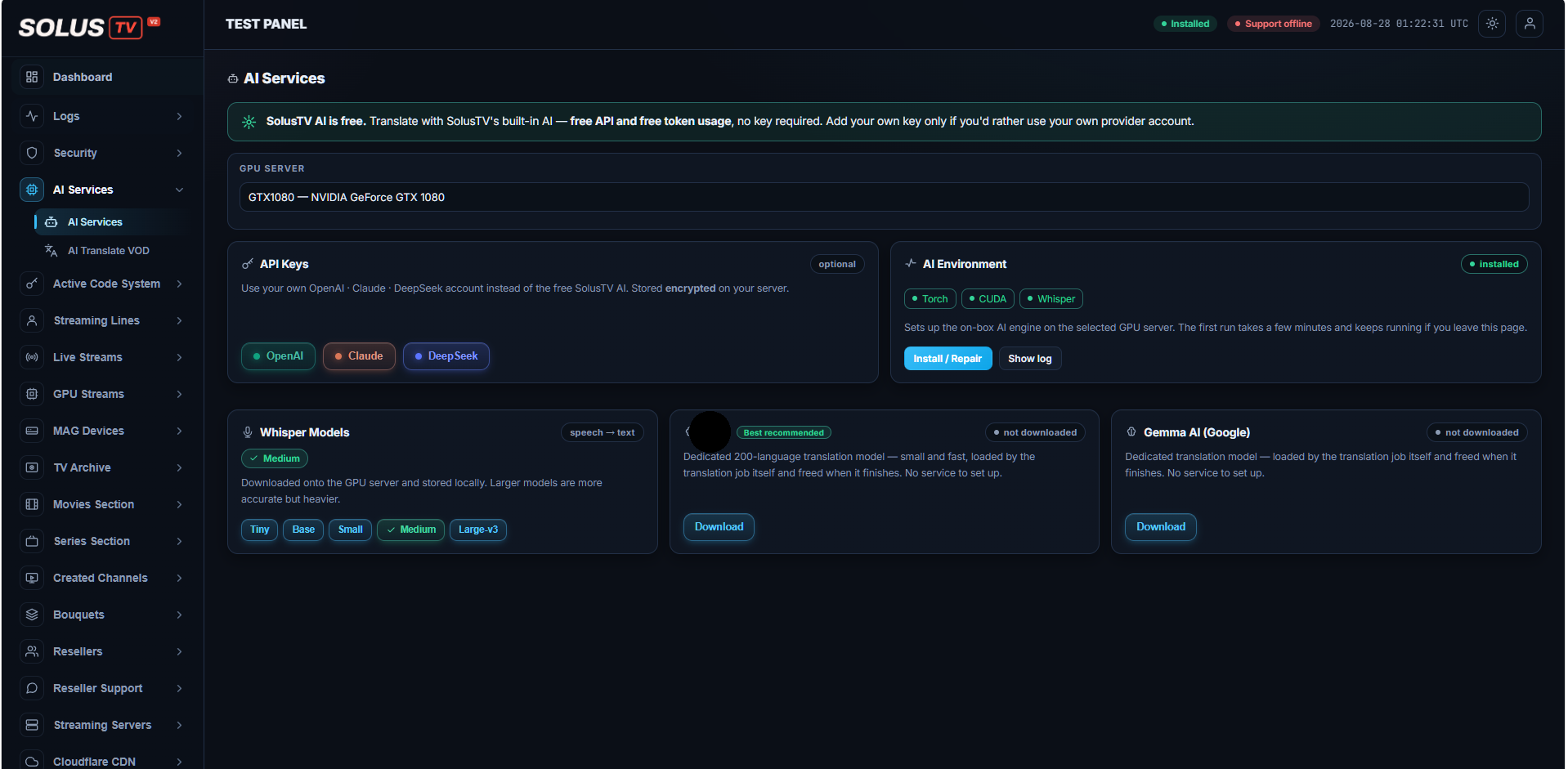 The API Keys card: bring your own OpenAI, Claude or DeepSeek account, stored encrypted