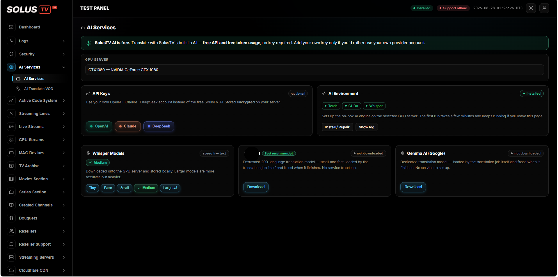 The AI Services screen: the built-in SolusTV AI banner, GPU server, API keys and models