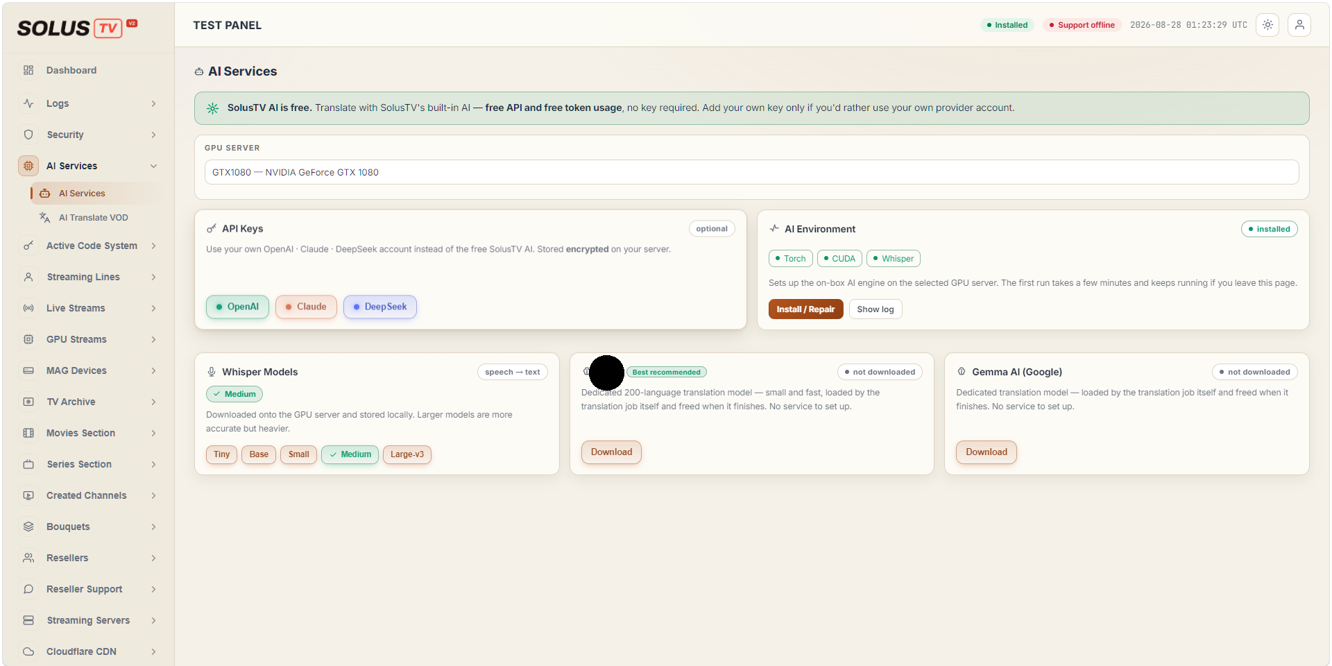 The AI Environment card showing Torch, CUDA and Whisper installed, with install and log buttons