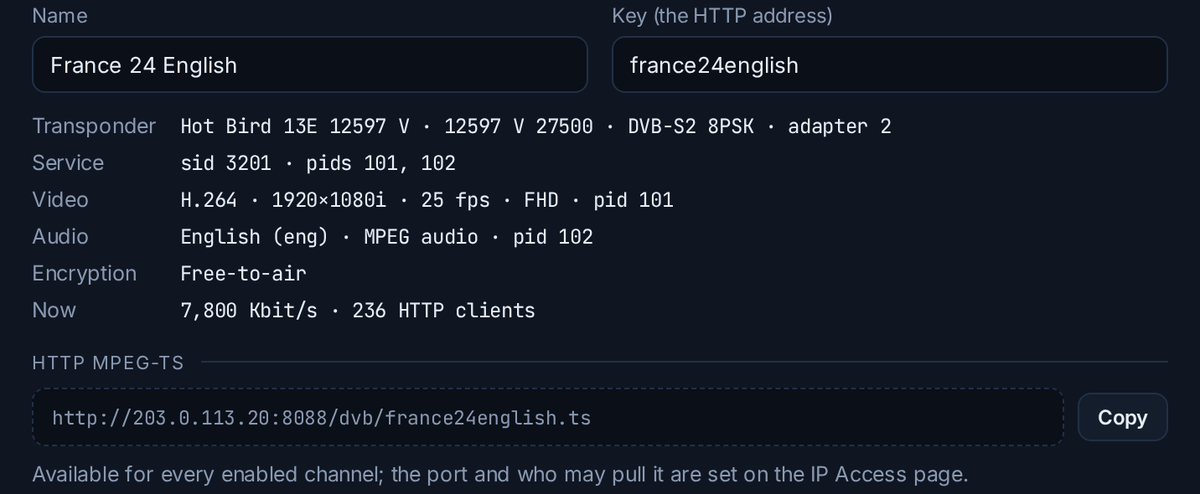 The details of a free-to-air channel: transponder, video, audio and its HTTP MPEG-TS address