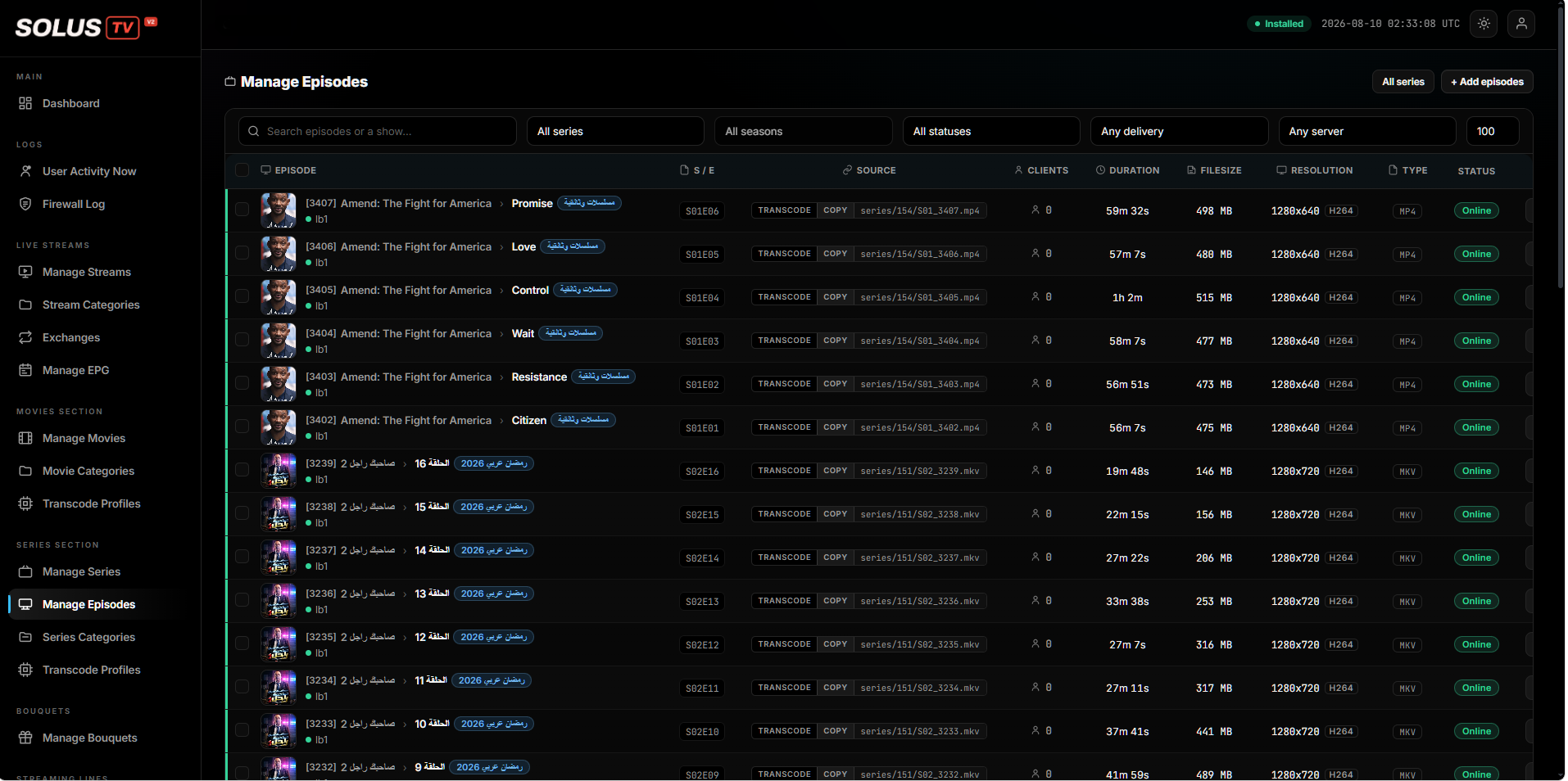 Manage Episodes — series and episode list with source, duration, filesize and status
