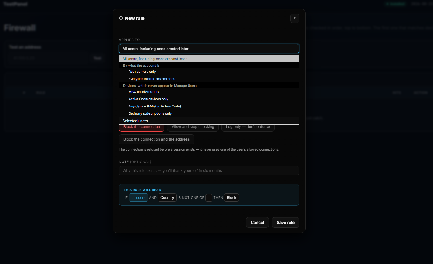 The rule dialog showing who a rule applies to: restreamers, MAG receivers, Active Code devices, ordinary subscriptions or selected users, with the plain-English rule preview