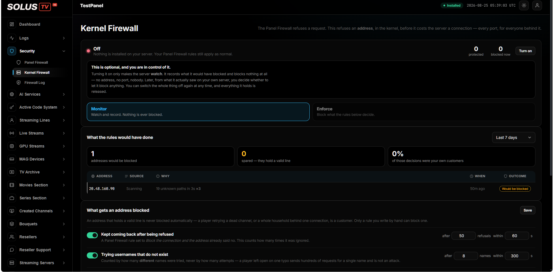 The Kernel Firewall screen in monitor mode, showing what the rules would have done and what gets an address blocked