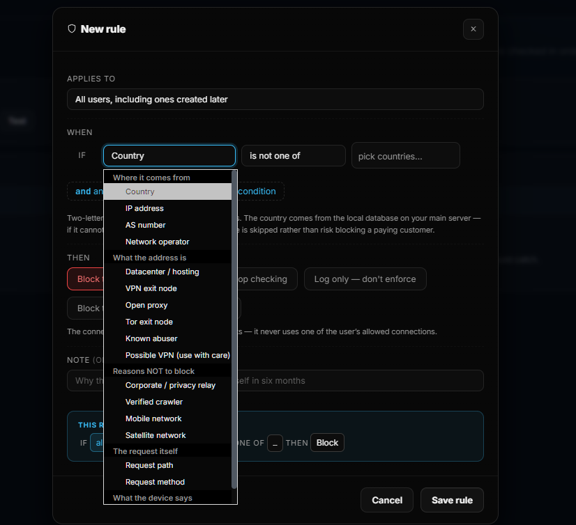 The new rule dialog showing conditions: country, IP address, AS number, network operator, datacenter, VPN exit node, open proxy, Tor exit node, known abuser, and reasons not to block
