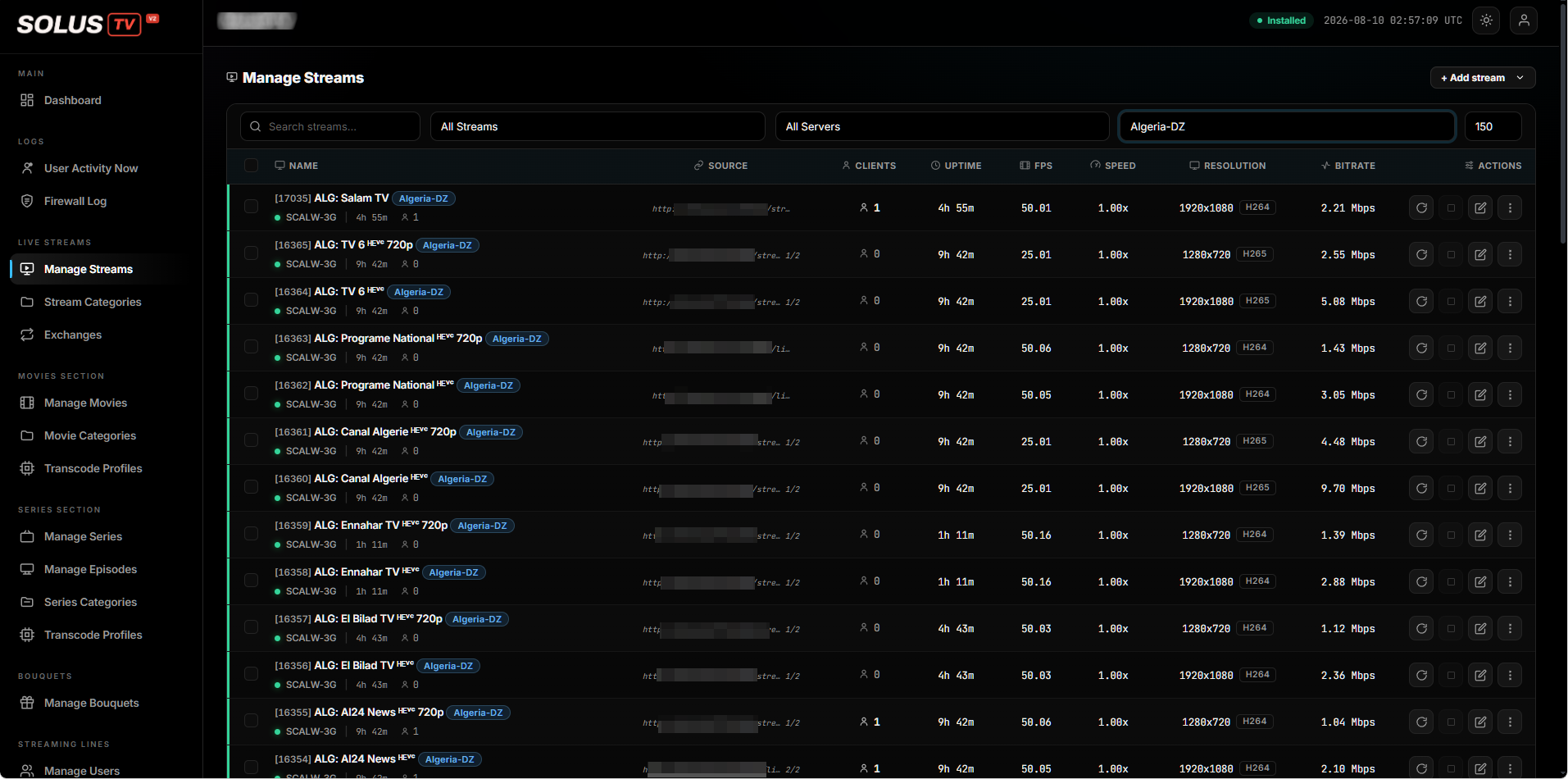Manage Streams — stream list with clients, uptime, FPS, resolution and bitrate per channel