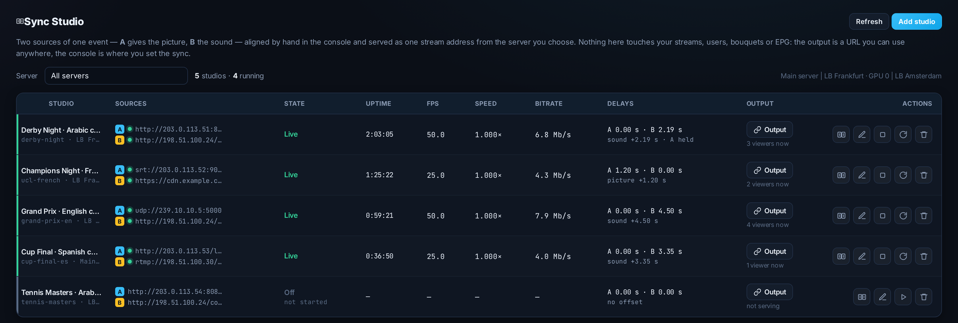 SolusTV Sync Studio list, dark theme
